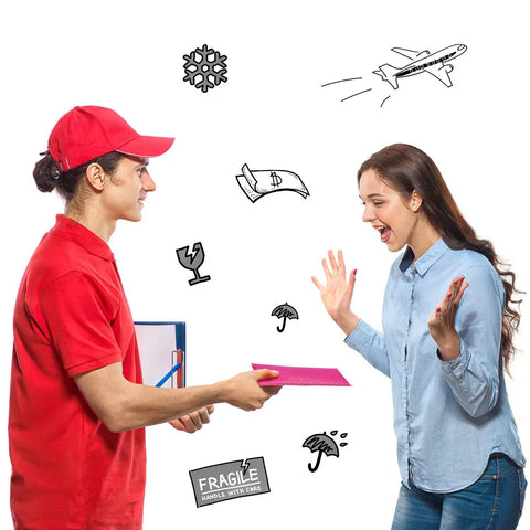 Courier handing a hot pink bubble mailer to a woman; concept of Hot Pink Bubble Mailers 4x8 Inch Pack Of 50 Waterproof Padded Envelopes.