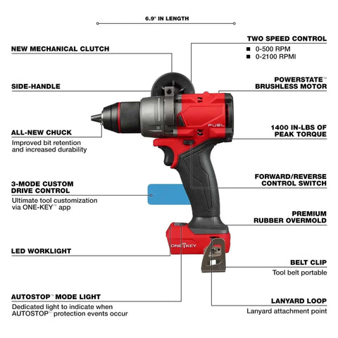 Workhorse Grade Cordless Brushless Drill Driver With Half Inch All Metal Chuck And Mechanical Clutch, side view with labels.