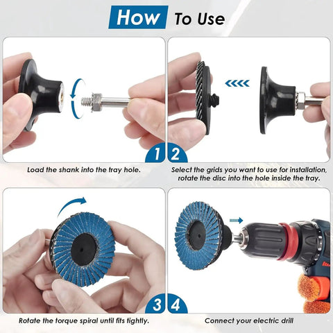 Step-by-step guide for 24 Piece Die Grinder Flap Disc Set With One Quarter Inch Shank setup and use.