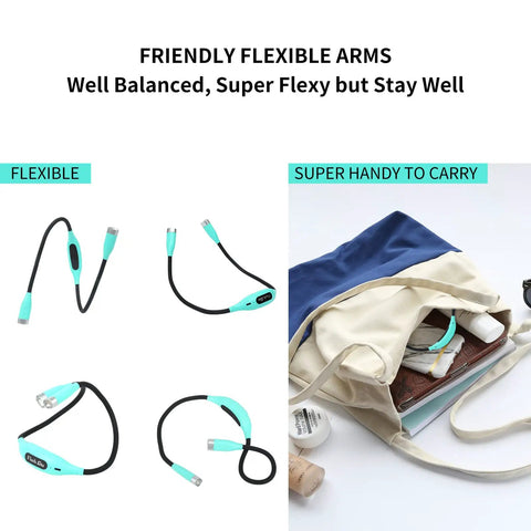 Green Neck Reading Light Hands Free For Cozy Bedside Reading flexible design shown beside bag for portability