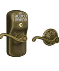 Keyless Entry Lock With Lever Handle In Antique Brass Electronic Keypad Auto Lock After Five Seconds Easy Code Management At The Pad No Keys To Lose Secure Front Door Access For Home Or Office FE575 PLY 609 FLA showing front view with illuminated keypad and brass handle.