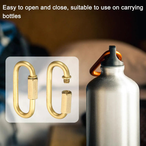 Heavy Hitting 4mm Copper Chain Quick Links, 2 Pack Screw Locking Connectors And Oval Snap Rings Built Tough As Nails To Carry 44 Lbs For Backpacks Tents And Chandeliers, Killer Brass Tone Hardware shown with a bottle.