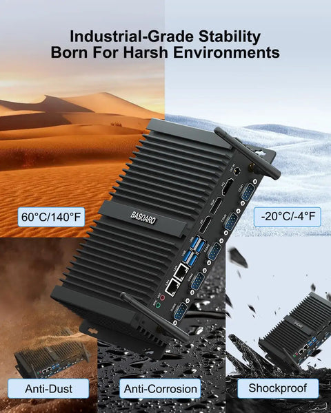 Ready To Rock Tough As Nails Fanless Mini PC Built Strong For Real World Automation Runs Smooth On Win 11 Pro With Intel Core I7 8550U features anti-dust and shockproof design for harsh environments.