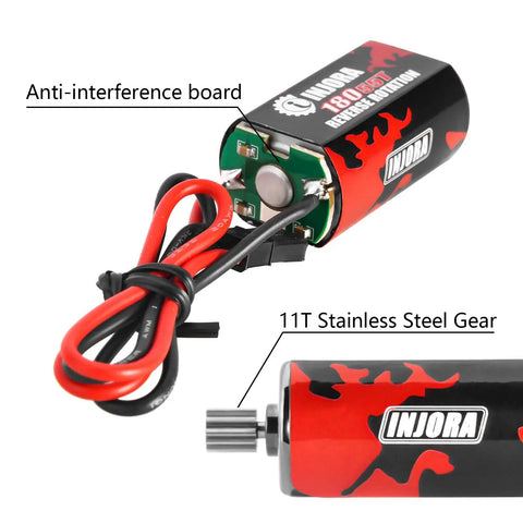 180 Brushed 55T RC Motor With Stainless Steel Pinion for TRX4M Crawler Upgrades showing anti-interference board and wiring