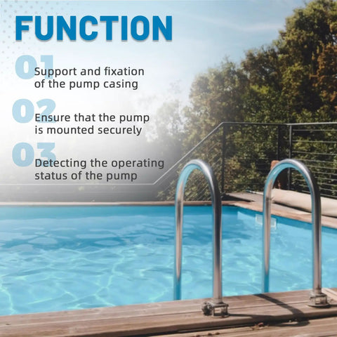 Image showing pool with metal handrails and function text emphasizing pump support and security.