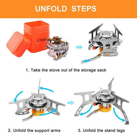 Portable 3700W Camping Stove with Piezo Ignition foldable steps and carry case, ideal for backpacking and outdoor cooking.