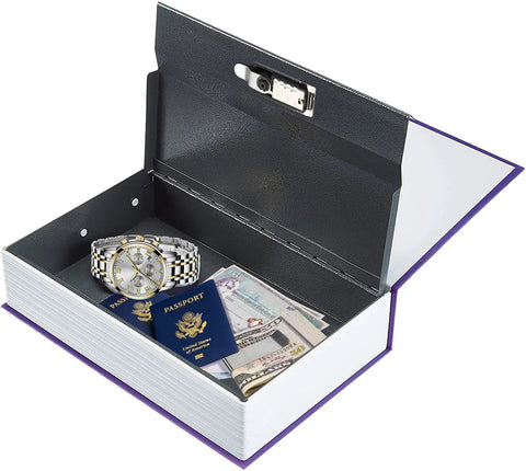 Gothic Faux Book Safe With Hidden Compartment And Combo Lock showing open with passports, cash, and watch inside; lowkey horror decor gift.