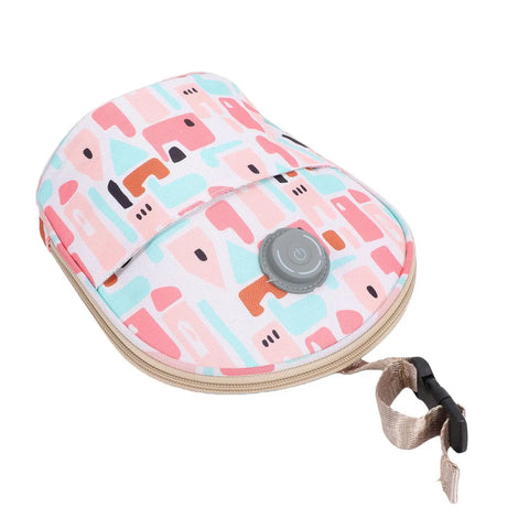 Grab And Go Breastmilk Cooler Bag Crafted From Tough Canvas With Plug In Usb Cooling And Warming Ports For Parents On The Fly Travel Friendly Insulated Nursing Pouch in colorful geometric pattern.