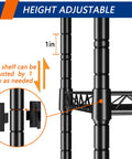 Height adjustment feature of Built Tough Five Tier Wire Shelving Unit Black Metal Storage Rack with adjustable shelf height.