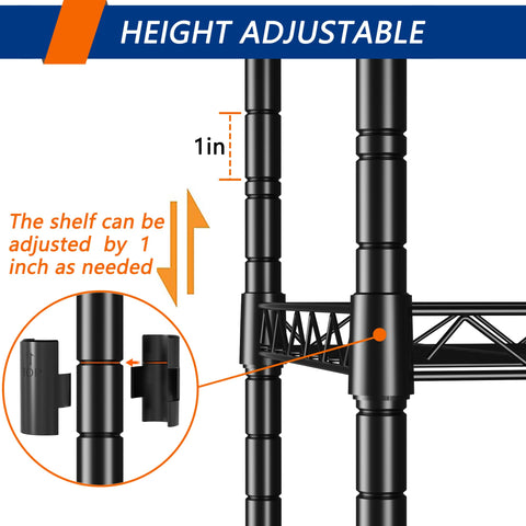 Height adjustment feature of Built Tough Five Tier Wire Shelving Unit Black Metal Storage Rack with adjustable shelf height.