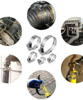 5-piece adjustable stainless steel hose clamps, ideal for securing pipes and hoses in DIY projects, shown in various applications.