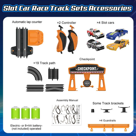 Epic Slot Car Race Track Set With Two High Speed Cars Battery Or Electric Powered Dual Lane Raceway With Lap Counter accessories