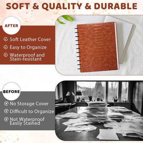 Pu Leather Discbound Notebook Cover Set With 2 Covers And 11 Expansion Discs, Letter Size Office Planner Accessory, showing soft caramel alligator texture brown cover on desk