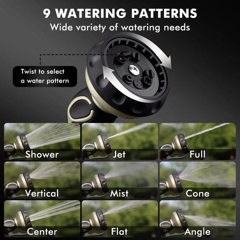 Heavy Duty Metal Hose Nozzle With Easy Self Lock Trigger And 9 Spray Patterns chart for Lawn Care and Pet Bath