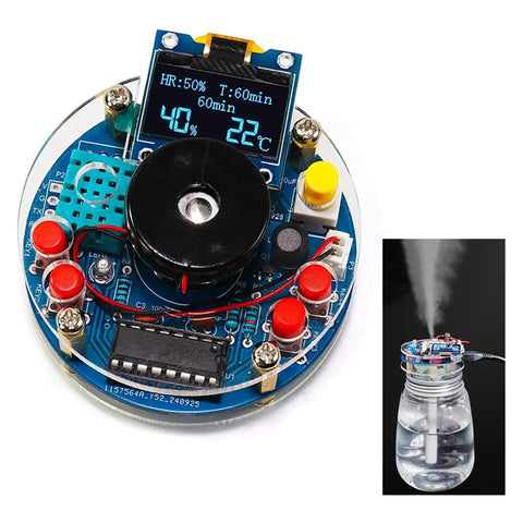 Hands On Humidity Controller DIY Kit With OLED Temperature Display Soldering Practice For Electronics Enthusiasts Learn Arduino Programming And Circuit Design Build A Real World PID Control Project showing circuit board and mist output in jar.