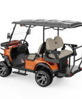 Heavy Duty Four Passenger Electric Shuttle Golf Cart With Ip67 Waterproof Frame in vivid orange, showing rear seating and controls.