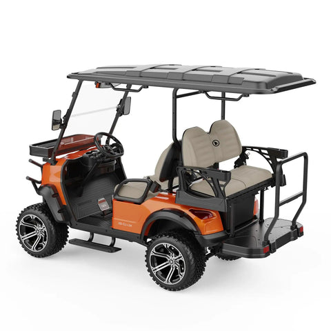 Heavy Duty Four Passenger Electric Shuttle Golf Cart With Ip67 Waterproof Frame in vivid orange, showing rear seating and controls.