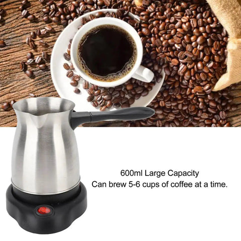 All In One Electric Turkish Coffee Maker With 600ml Capacity, 600W Stainless Steel, next to a bowl of coffee beans and a cup of coffee.