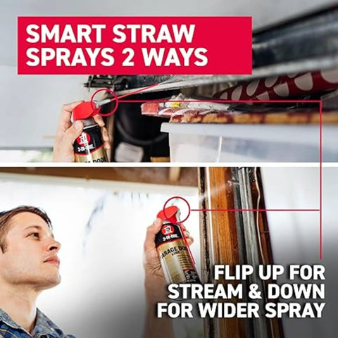 Man using Pro Grade Garage Door Lubricant Twin Pack With Smart Straw Sprays 2 Ways 11 Oz Each No More Squeaks Smooth Operation Prevents Rust on garage door