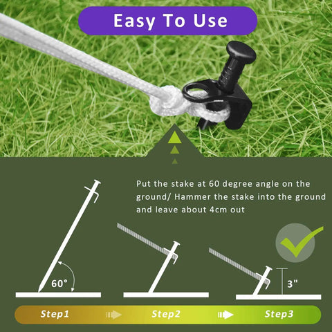 Installation steps for All In One Steel Tree Stake Kit For Young Trees with rope and stake on grass.