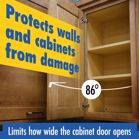 Cabinet Hinge Restrictor Clips 50 Pack Black for Kitchen Cabinet Doors with 86 Degree Angle Limit in open cabinet.