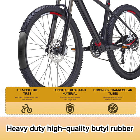 Two Pack 20 Inch Bike Tubes Heavy Duty Inner Tubes For 20 By 1.95 2.10 2.125 2.40 Tires Fits Mountain Road And Kids Bikes Off Road Ready Durable For All Weather Performance And Easy Install For Busy Riders on a bike wheel with text about material and durability.