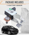 Badass Battery Monitor Sensor Module Hella Compatible With Gmc Acadia Buick Encore Chevy Malibu Traverse Blazer Xts Direct Oem Replacement 13545954 close-up with installation clamp and vehicle backdrop.