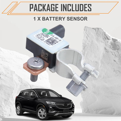 Badass Battery Monitor Sensor Module Hella Compatible With Gmc Acadia Buick Encore Chevy Malibu Traverse Blazer Xts Direct Oem Replacement 13545954 close-up with installation clamp and vehicle backdrop.