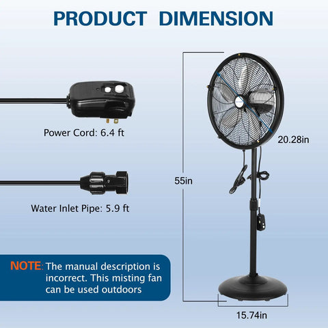 18 Inch Oscillating High Velocity Outdoor Pedestal Misting Fan With 3 Speed Settings, Adjustable Height, 120 Degree Oscillation, Waterproof