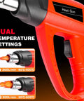 Heavy Duty 1800W Heat Gun Kit with dual temperature settings, close-up view of handle and temperature options
