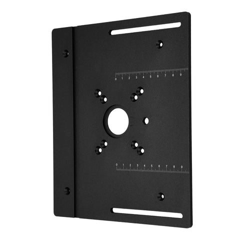 Rock Solid Aluminum Router Table Insert Plate For Woodworking Benches And Router Saw Mount Base close-up view, smooth black finish.