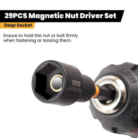 29 Piece Magnetic Nut Driver Set With SAE And Metric Bits, showing deep socket driver in use on impact drill