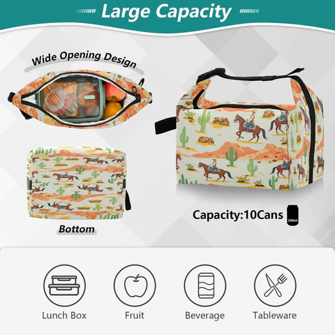 Cowboy Themed Insulated Lunch Bag Tote For Women And Men, Leakproof Reusable Lunch Box With High Capacity, top view of wide opening