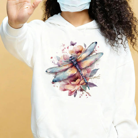 Watercolor Dragonfly Heat Transfer Stickers Set For Clothes Dope Iron On Patches on white hoodie with floral design