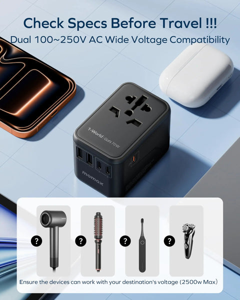 GaN 70W Travel Adapter With 3 USB C PD And 2 USB A QC Ports 6in1, with various compatible electronics, on a blue surface.