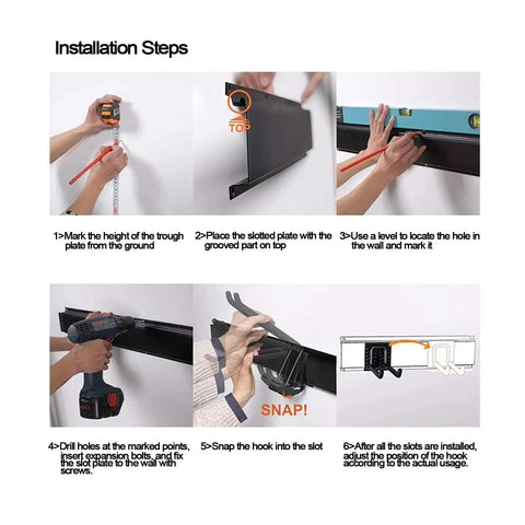 Installation steps for Top Shelf Heavy Duty Metal Garage Wall Mount Tool Organizer With Adjustable Hooks For Ladders Power Tools Garden Gear And Game Changer Storage Rack Pro.