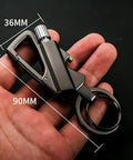 Person holding Ultimate Reusable Waterproof Survival Lighter With Multitool Keychain And Bottle Opener, dimensions shown