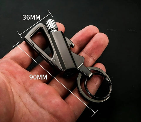 Person holding Ultimate Reusable Waterproof Survival Lighter With Multitool Keychain And Bottle Opener, dimensions shown