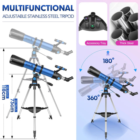 High Powered 90mm Refractor Telescope for Adults and Beginners, 800mm Focal Length with adjustable stainless tripod.