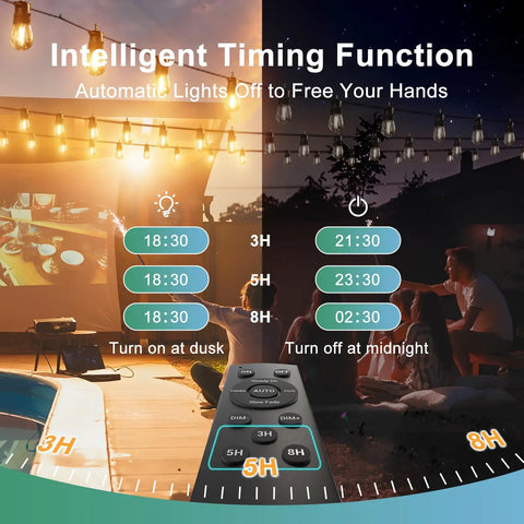 Image showing timing function of 105ft Solar String Lights Outdoor Waterproof Patio Lighting With 30 Plus 2 Shatterproof S14 Bulbs.
