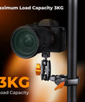 Dual Ball Head Magic Arm For Cameras And Microphones, Adjustable Articulating Mount With Bilateral 1/4 Inch Threads, Rock Solid Locking, Flexible Rig Accessory For Photo Video Studio Gear Like Monitors, Lights, And More, mounted on stand with camera, 3KG load capacity