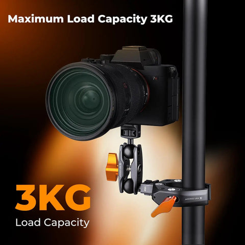 Dual Ball Head Magic Arm For Cameras And Microphones, Adjustable Articulating Mount With Bilateral 1/4 Inch Threads, Rock Solid Locking, Flexible Rig Accessory For Photo Video Studio Gear Like Monitors, Lights, And More, mounted on stand with camera, 3KG load capacity