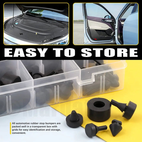 160 Piece Rubber Bumper Stopper Set For Cars With 12 Types Including Quarter Glass Hood Deck Lid Fender Trunk Gas Tank And Glove Box Bumpers Compatible With GM Chrysler Ford Vehicles Durable Quiet Install shown in storage case