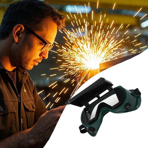 Heavy Duty Auto Darkening Welding Goggles With Snap Switch Lenses for arc cutting and grinding, showcased next to a welding scene.