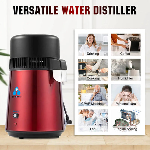 All-In-One Countertop Water Distiller with 304 Stainless Steel Tank and Glass Jar 1 Gallon Capacity 750W On Off Switch