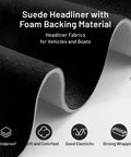 Close-up of suede auto headliner fabric with foam backing in black; 3mm foam layer visible