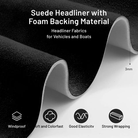 Close-up of suede auto headliner fabric with foam backing in black; 3mm foam layer visible