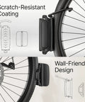 Close-up of bike wheel on heavy duty wall mount with swivel hanger, showing scratch-resistant coating and wall-friendly design.