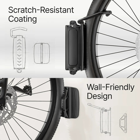 Close-up of bike wheel on heavy duty wall mount with swivel hanger, showing scratch-resistant coating and wall-friendly design.