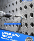 Drill creating holes in concrete wall showcasing Rotary Hammer Drill Bits Set and Chisels SDS Plus for Concrete and Masonry Holes.